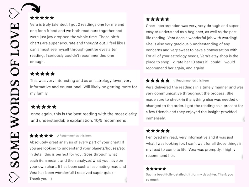 May include: A collection of eight five-star customer reviews displayed on a light pink background. The text on the left side reads SOME WORDS OF LOVE with heart icons. The reviews contain testimonials about astrology readings, birth charts, and interpretations.