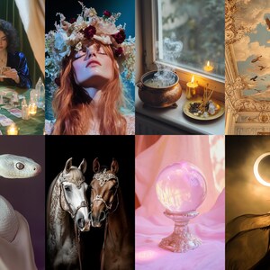 Puede incluir: Un collage de im&aacute;genes con un tema m&iacute;stico y m&aacute;gico. Las im&aacute;genes incluyen una mujer leyendo cartas del tarot, una mujer con una corona de flores, un caldero con humo, una bola de cristal, dos caballos y una luna creciente.