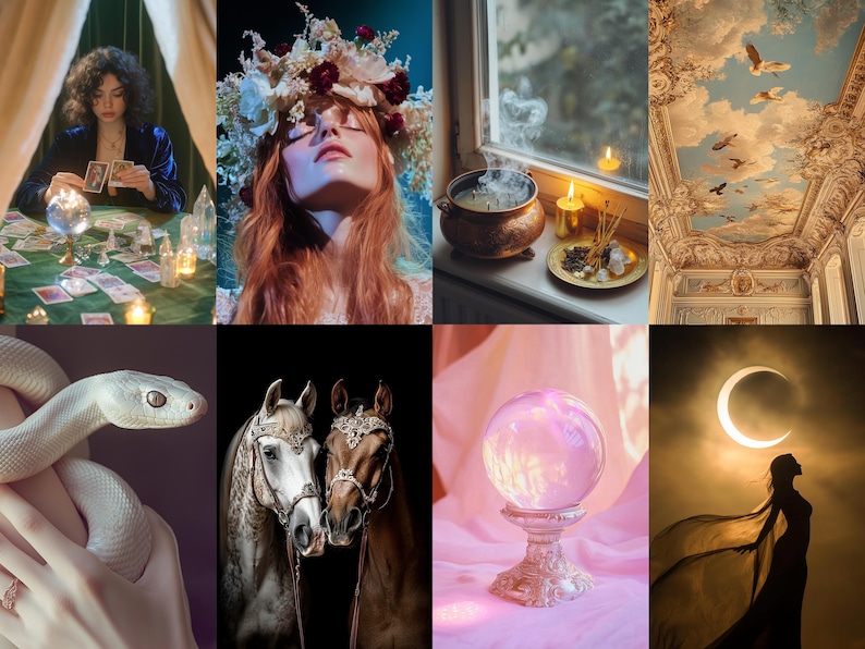 Puede incluir: Un collage de im&aacute;genes con un tema m&iacute;stico y m&aacute;gico. Las im&aacute;genes incluyen una mujer leyendo cartas del tarot, una mujer con una corona de flores, un caldero con humo, una bola de cristal, dos caballos y una luna creciente.