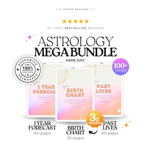Könnte beinhalten: Ein Astrology Mega Bundle Digitalprodukt-Set mit drei Dokumenten namens 1 Year Forecast, Birth Chart und Past Lives. Das Design umfasst einen rosa-orangen Farbverlauf, goldene Tierkreiszeichen-Grafiken und einen Hinweis auf über 100 Seiten.
