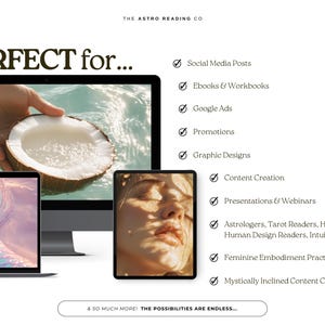 May include: Three computer screens displaying different images. The first screen shows a coconut half floating in water. The second screen shows a mermaid tail with iridescent scales. The third screen shows a close-up of a person's face with sunlight shining on it. The text on the page reads "PERFECT for..." and lists various uses for the images.