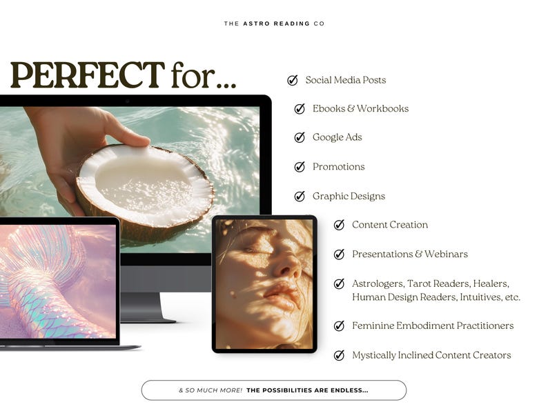 May include: Three computer screens displaying different images. The first screen shows a coconut half floating in water. The second screen shows a mermaid tail with iridescent scales. The third screen shows a close-up of a person's face with sunlight shining on it. The text on the page reads "PERFECT for..." and lists various uses for the images.