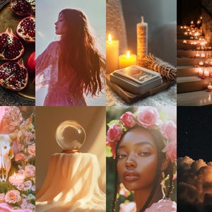Puede incluir: Un collage de im&aacute;genes relacionadas con la brujer&iacute;a y la magia. Las im&aacute;genes incluyen granadas, una mujer con el pelo largo, cartas del tarot, velas, una bola de cristal, una calavera, flores y una luna creciente.