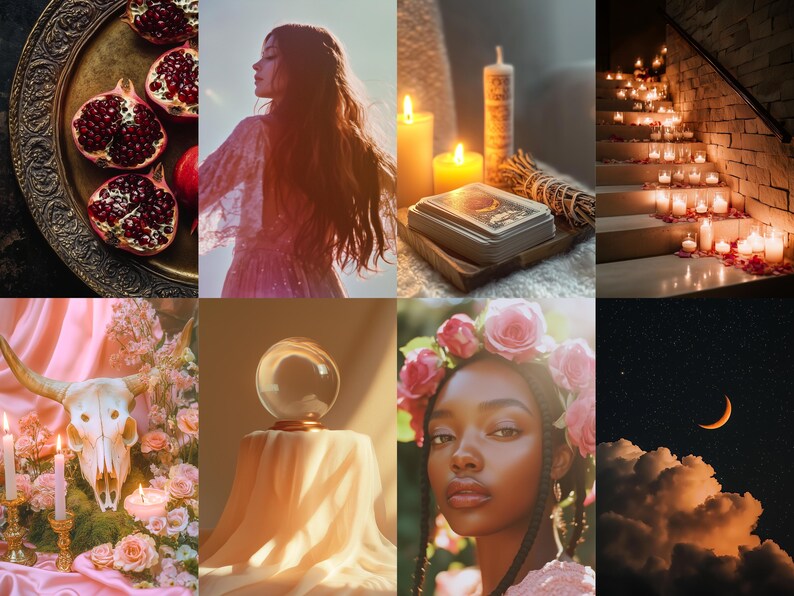 Puede incluir: Un collage de im&aacute;genes relacionadas con la brujer&iacute;a y la magia. Las im&aacute;genes incluyen granadas, una mujer con el pelo largo, cartas del tarot, velas, una bola de cristal, una calavera, flores y una luna creciente.