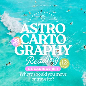 Puede incluir: Anuncio de una Lectura de Astrocartografía, con un océano turquesa y surfistas. El texto incluye "Astro Cartography Reading", "38 Pages", "5 Readings in 1" y "Where should you move or travel to?" con el lema "In-Depth Analysis".