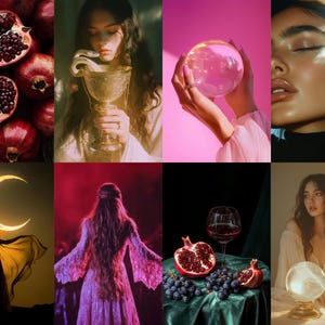 Puede incluir: Un collage de im&aacute;genes con una mujer sosteniendo una copa, una mujer sosteniendo una bola de cristal, una mujer con una bola de cristal, una mujer con una luna creciente, una mujer con un vestido morado y una copa de vino tinto con granadas y uvas.