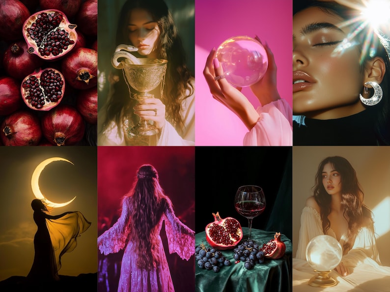 Puede incluir: Un collage de im&aacute;genes con una mujer sosteniendo una copa, una mujer sosteniendo una bola de cristal, una mujer con una bola de cristal, una mujer con una luna creciente, una mujer con un vestido morado y una copa de vino tinto con granadas y uvas.