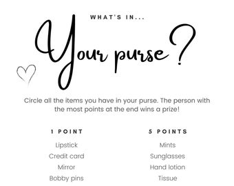 What's in your Purse Bridal Shower Game, Bridal Shower Games,