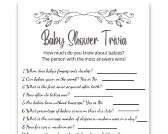 Baby Shower Trivia Baby Shower Game, Simple Black and White Gender Neutral Printable, Baby Shower Game