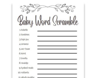 Baby Word Scramble Baby Shower Game, Simple Black and White Gender Neutral Printable Baby Shower Game