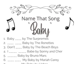 Name That Song Baby Trivia, Baby Shower Game, Simple Black and White Gender Neutral Printable