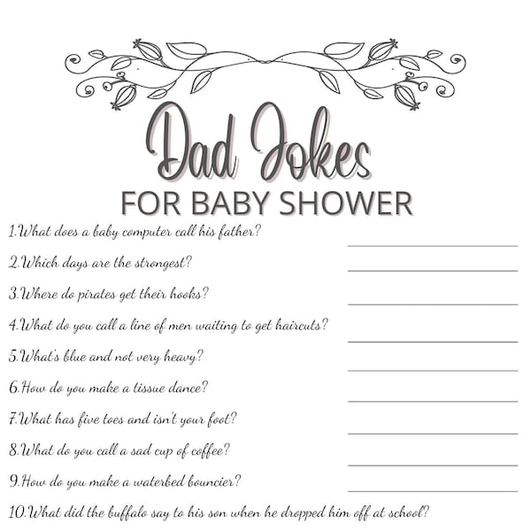 Dad Jokes Baby Shower Game, Simple Black and White Gender Neutral Printable, Baby Shower Game