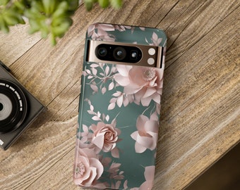 3D Light Pink Flowers on Mint Green Background Unique Floral Phone Case, Tough Cases