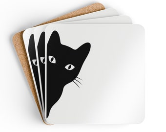 Cork Cat Coasters, Set of 4 Cute Feline Drink Mats, Corkwood Coaster Set