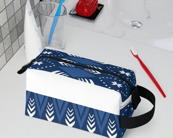 Trendy Aztec Print Zipper Pouch in Blue and White, Geometric Makeup Bag, Toiletry Bag