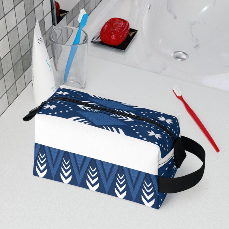 Trendy Aztec Print Zipper Pouch in Blue and White, Geometric Makeup Bag, Toiletry Bag image 1