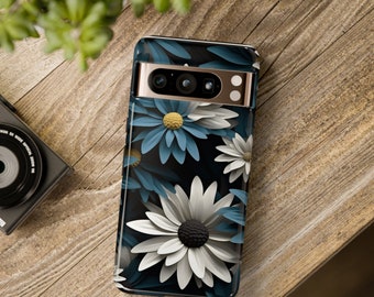 Unique Floral Phone Case with 3D Blue and White Gerber Daisies Design, Tough Cases