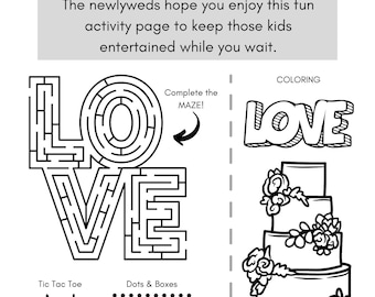 Coloring Page for Wedding Reception / Bridal Shower - Wedding Activities for Kids, Kid Friendly Black and White Wedding Activity Sheet