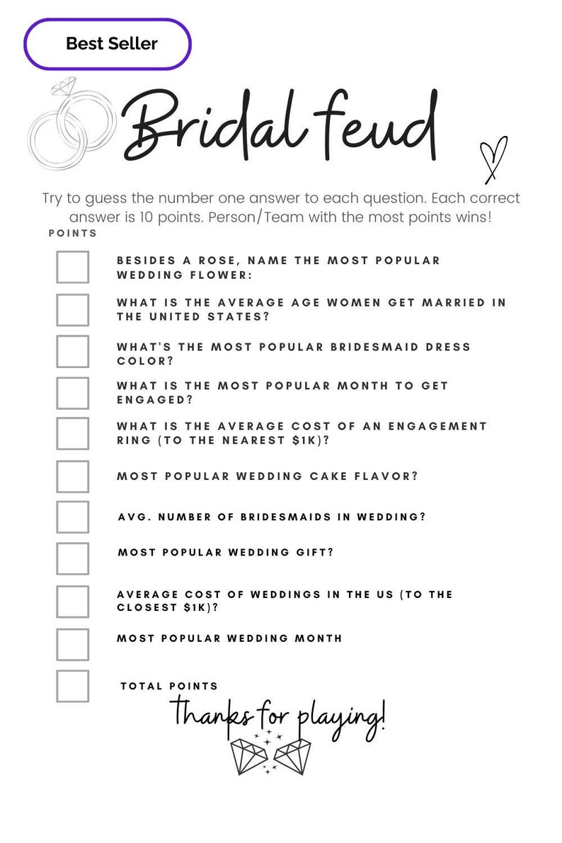 Bridal Feud Printable Game for a Bridal Shower party