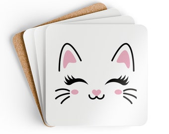 Pink Nose and Ear Accents Kitten Coaster, Eco-Friendly Cork, Corkwood Coaster Set