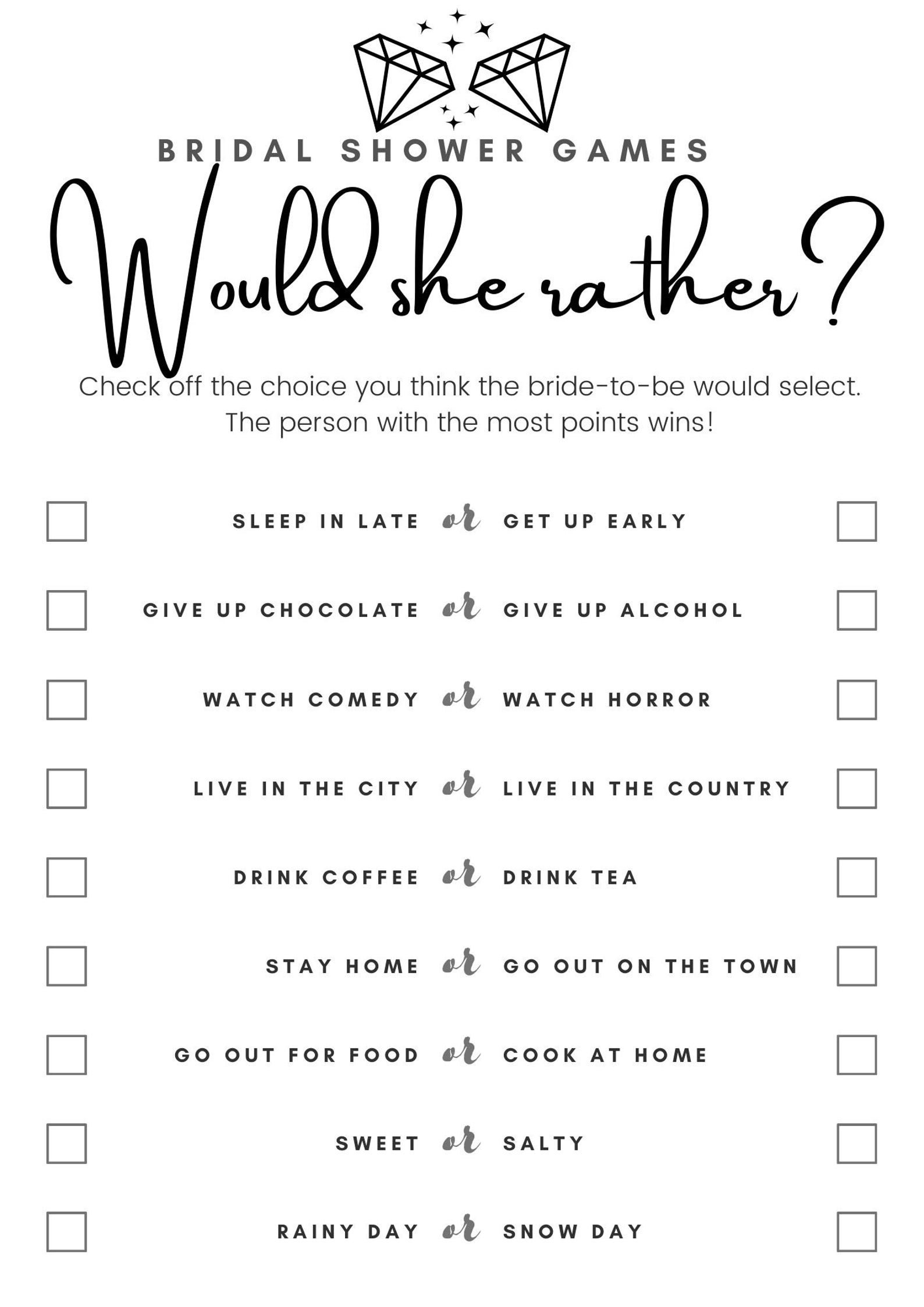 Would She Rather Bridal Shower Game, Newlywed Games Printable PDF - Etsy