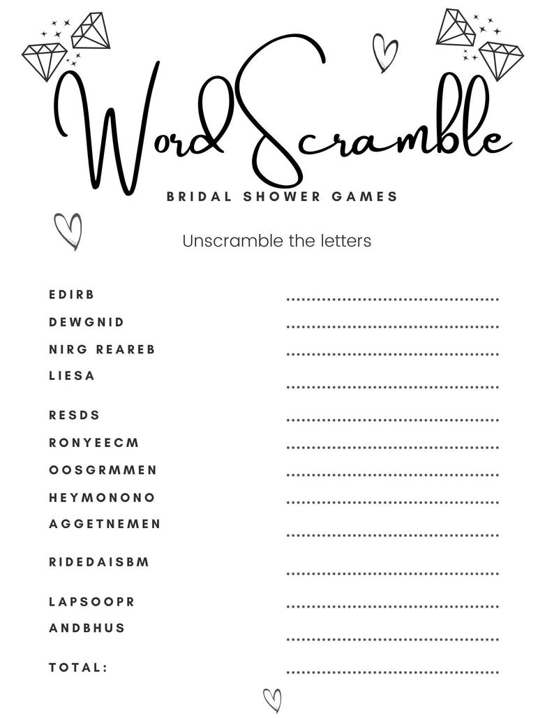 Bridal Shower Games Printable Wedding Word Scramble Printable