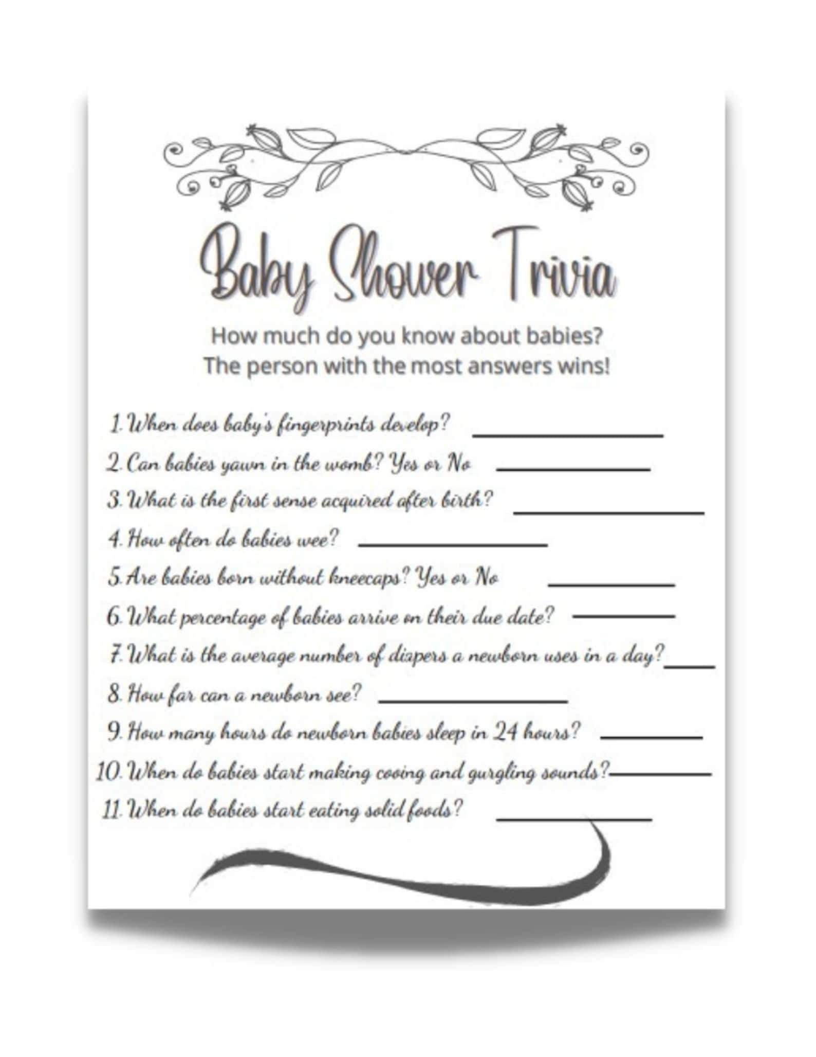 Baby Shower Trivia Baby Shower Game Simple Black and White Gender
