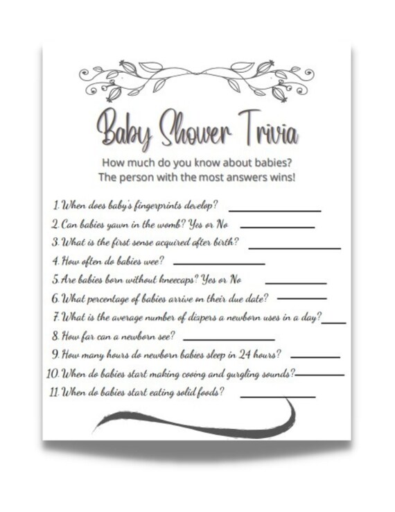 Baby Shower Trivia Baby Shower Game Simple Black and White Etsy