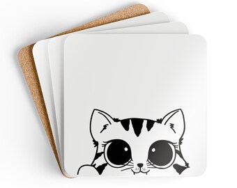 Whimsical Kitten Design Coaster, Fun and Functional Decor, Corkwood Coaster Set of four