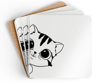 Cork Coasters, Curious Cat, Cute, Set van 4, Corkwood Coaster Set