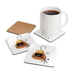 Retro Design Cork Coasters, Curious Cat, Cute Set of 4, Corkwood Coaster Set image 5