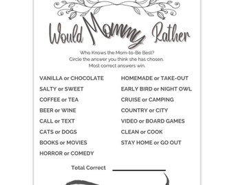 Would Mommy Rather Rather Baby Shower Game, Simple Black and White Printable Baby Shower Game