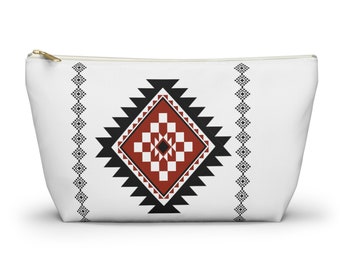 Bolsa de cremallera con estampado azteca de moda en rojo y negro, bolsa de maquillaje geométrica, bolsa de accesorios con fondo en T