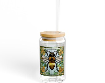 Colorful 3D Stained Glass Bee Sipper Cup for Refreshing Iced Coffee Sipper Glass, 16oz