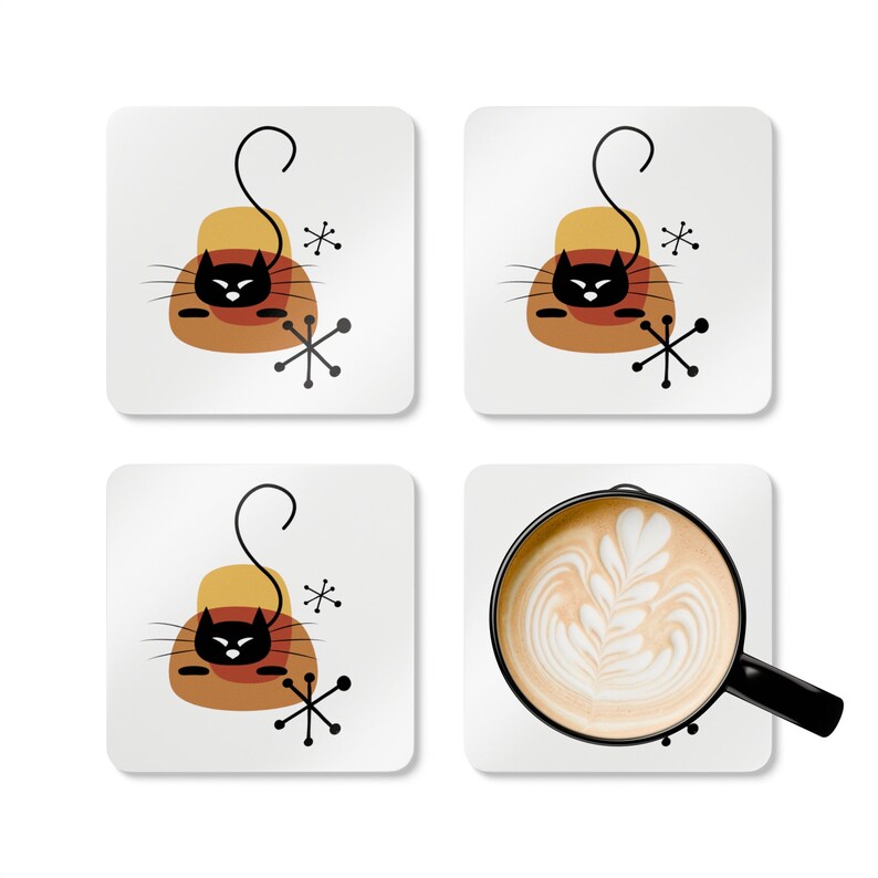 Retro Design Cork Coasters, Curious Cat, Cute Set of 4, Corkwood Coaster Set image 6