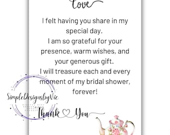 Thank You Favors, Tea Party Bridal Shower Thank You Notes - Elegant and Delicate Appreciation Cards, Bridal Shower Favor , Digital Printable