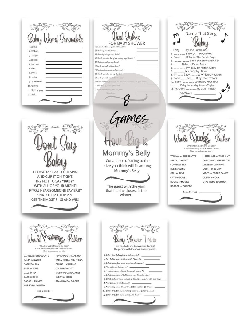 Minimalist Baby Shower Game Bundle, 8 Baby Shower Games Bundle, Instant