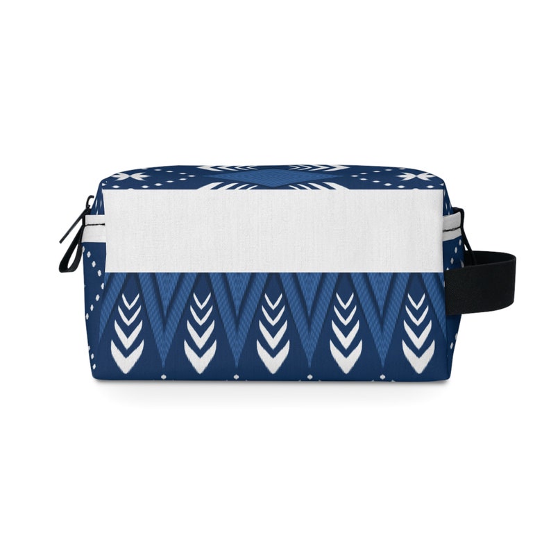 Trendy Aztec Print Zipper Pouch in Blue and White, Geometric Makeup Bag, Toiletry Bag image 2
