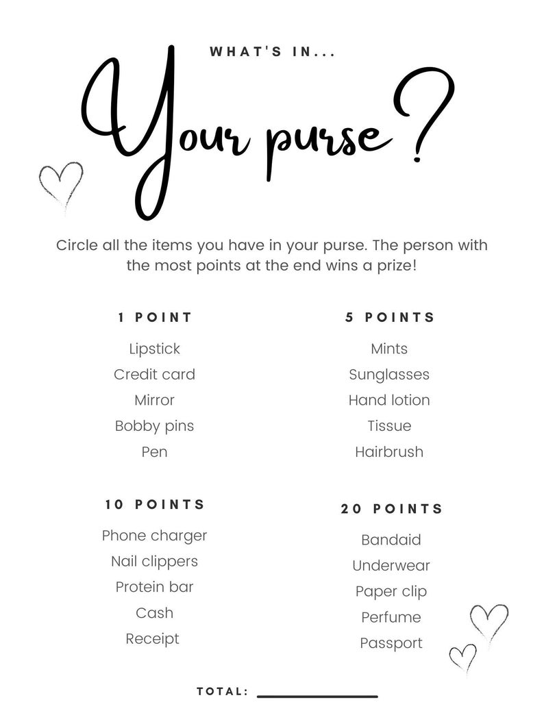 What's in Your Purse Bridal Shower Game, Bridal Shower Games, - Etsy