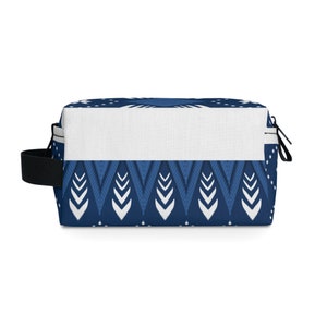 Trendy Aztec Print Zipper Pouch in Blue and White, Geometric Makeup Bag, Toiletry Bag image 3