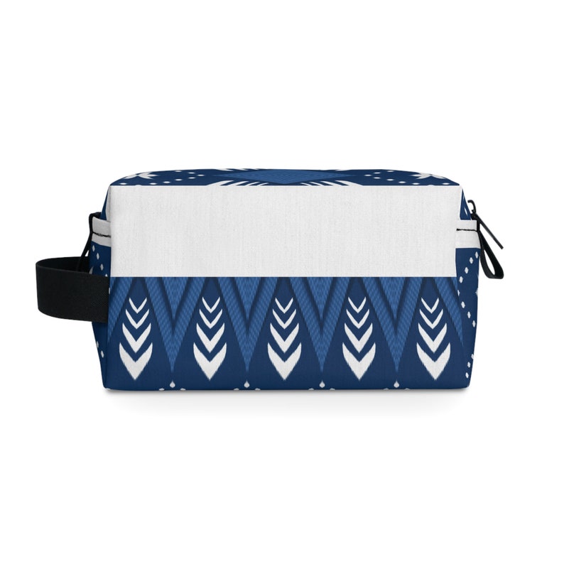 Trendy Aztec Print Zipper Pouch in Blue and White, Geometric Makeup Bag, Toiletry Bag image 3