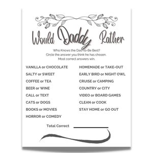 Would Daddy Rather Rather Baby Shower Game, Simple Black and White Printable Baby Shower Game