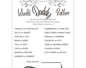Would Daddy Rather Rather Baby Shower Game, Simple Black and White Printable Baby Shower Game