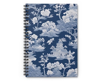 Vintage-Inspired Chinoiserie Blue Notebook for Stylish Note-taking, Spiral Notebook - Ruled Line