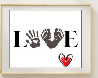 Printable Love Footprint and Handprint Craft Gift, Valentines Day Footprint Art, Birthday Baby Footprint Gift Art, DIY Gift Art