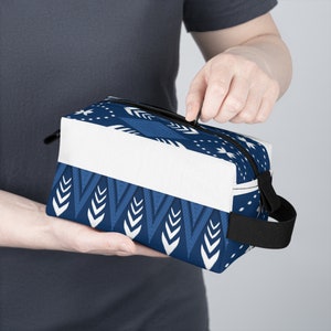 Trendy Aztec Print Zipper Pouch in Blue and White, Geometric Makeup Bag, Toiletry Bag image 8