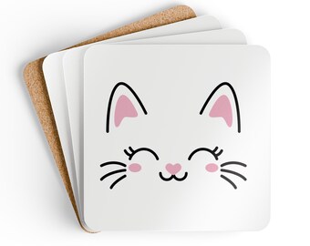 Adorable Kitten Face Coasters with Pink Details, Sustainable Cork, Corkwood Coaster Set