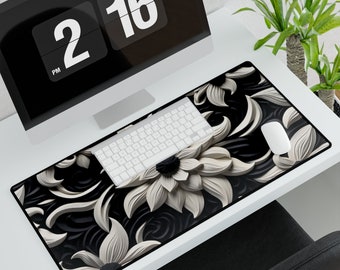 Tapis de bureau élégant à motif floral noir et blanc avec effet 3D Essentiel pour le bureau à domicile