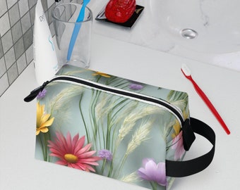 Bolsa cuadrada con diseño de flores, elegante bolsa de artículos de tocador con cremallera, diseño de bolsa de caja con estampado floral, bolsa de artículos de tocador