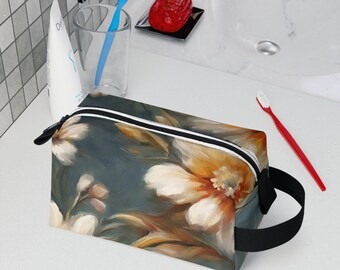 Borsa da toilette elegante con cerniera, design della borsa con stampa floreale, borsa da toilette dal design elegante con fiori